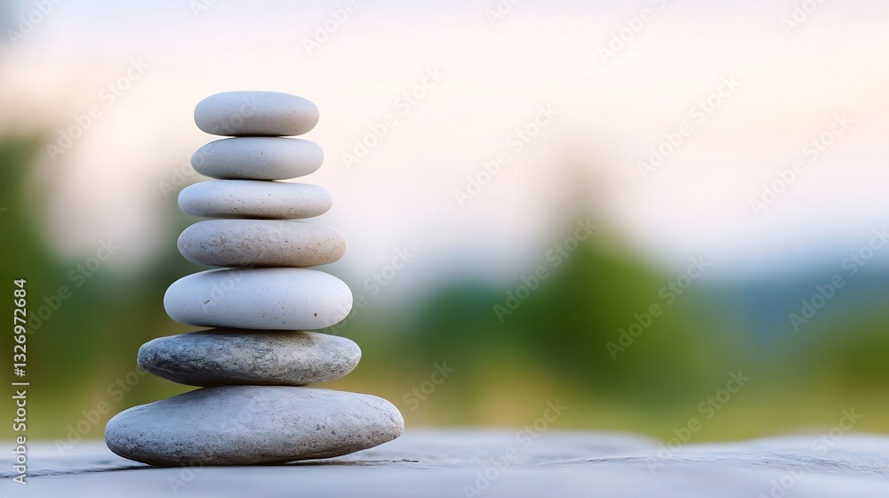 Poster zen stone stack representing tranquility and balance on a blurred natural background : generative ai