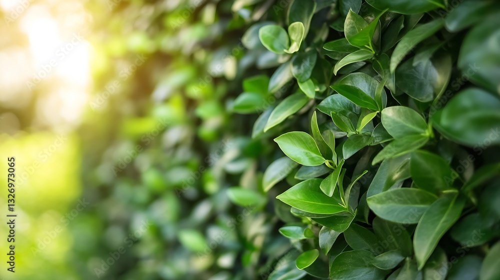 Poster Lush Green Foliage with Sunlight Glimmering on Vibrant Leaves Creating a Serene Atmosphere : Generative AI