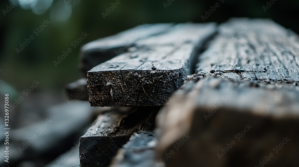 Poster Closeup view of weathered wooden logs stacked together in a rustic natural setting : Generative AI