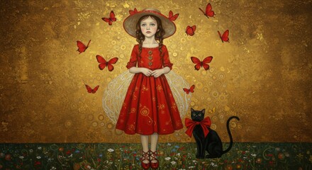 Girl in Red with Butterflies