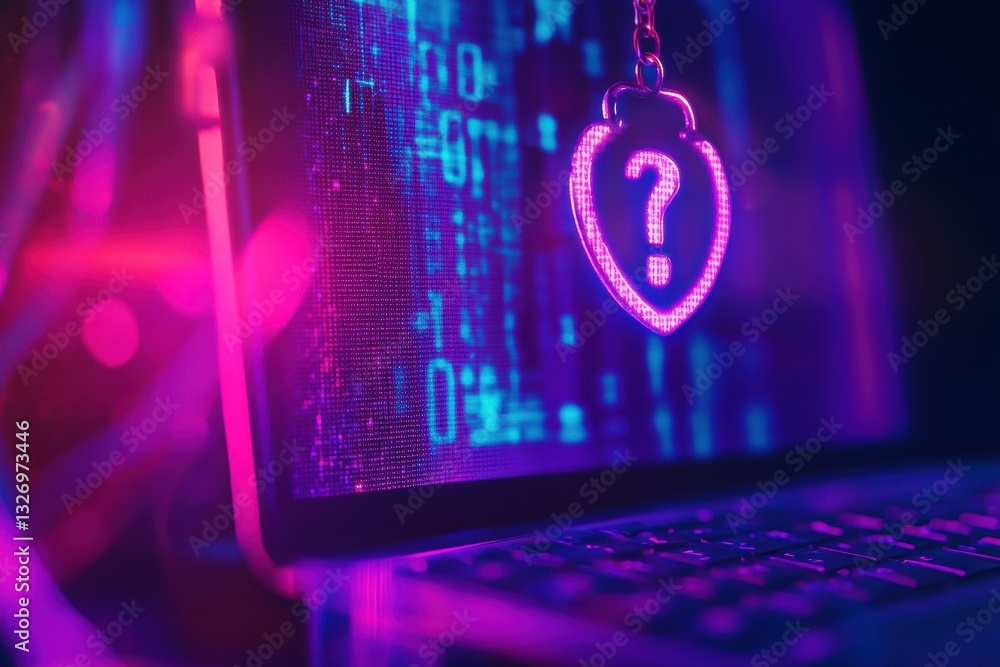 Aufkleber Cybersecurity question mark hanging above laptop screen with binary code