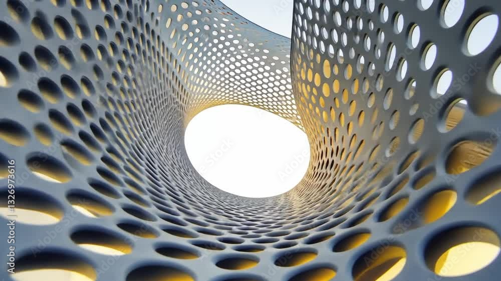 Poster unique modern architectural structure circular design with perforated patterns, abstract light play,