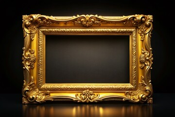 Golden Panoramic Empty Picture Frame at Night - Isolated on Black Background