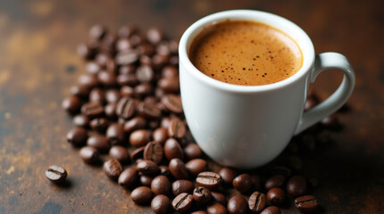 Freshly brewed espresso with a rich golden crema in a white ceramic cup, surrounded by aromatic roasted coffee beans