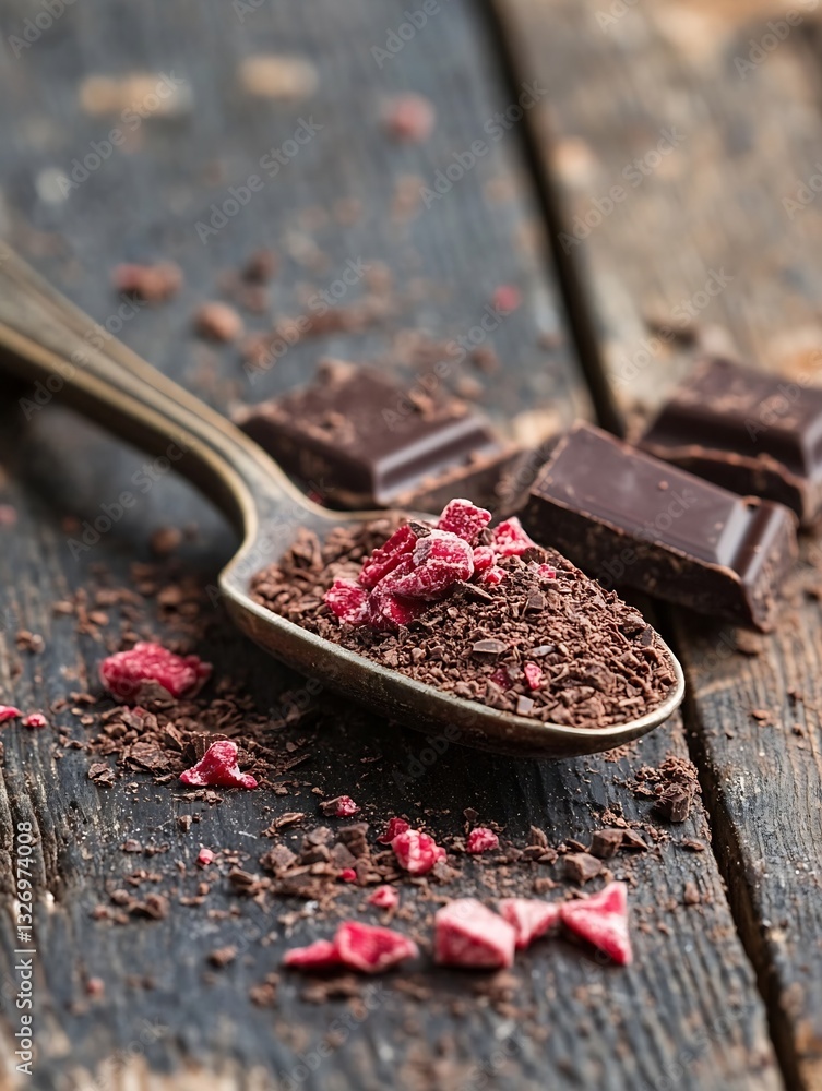 Aufkleber spoonful of finely grated dark chocolate mixed with dried strawberries on rustic wooden background :