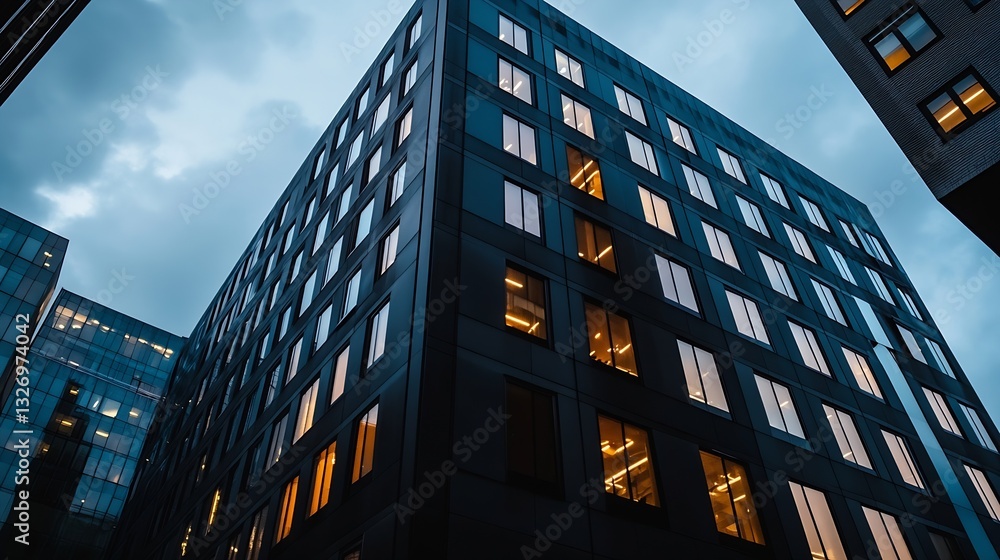 Poster modern urban architecture showcasing a sleek apartment building against the evening sky : generative