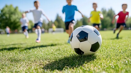 Fototapeta premium Kids running energetically on the soccer field with a ball in the foreground