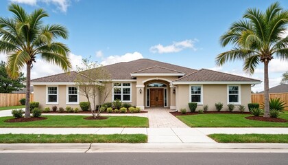  Modern single-story suburban house with palm trees, green lawn, and blue sky in a residential neighborhood