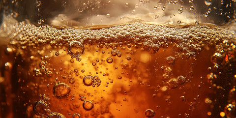 Sparkling fizzy beverage bubbles, close-up refreshing carbonation, soda drink effervescence, golden bubbly liquid