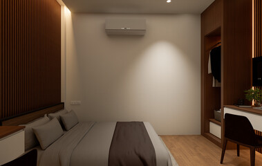 Interior of modern bedroom with beige and wooden walls, wooden floor.