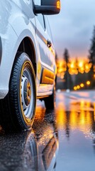 A close-up view of a white vehicle's tire on a wet road. The sunset casts a warm glow, reflecting orange and yellow hues on the surface, highlighting the scene's beauty