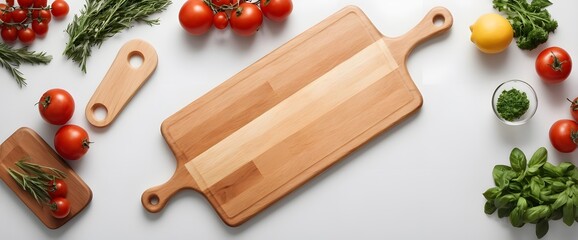 Culinary Canvas: Wooden cutting boards surrounded by fresh vegetables and herbs arranged for preparing delicious food