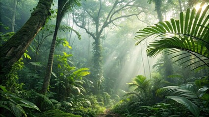 Dense Tropical Rainforest with Lush Foliage and Sunlit Canopy - Nature's Serenity