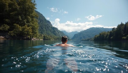 Fototapeta premium Marathon swimming solo in serene mountain lake settings