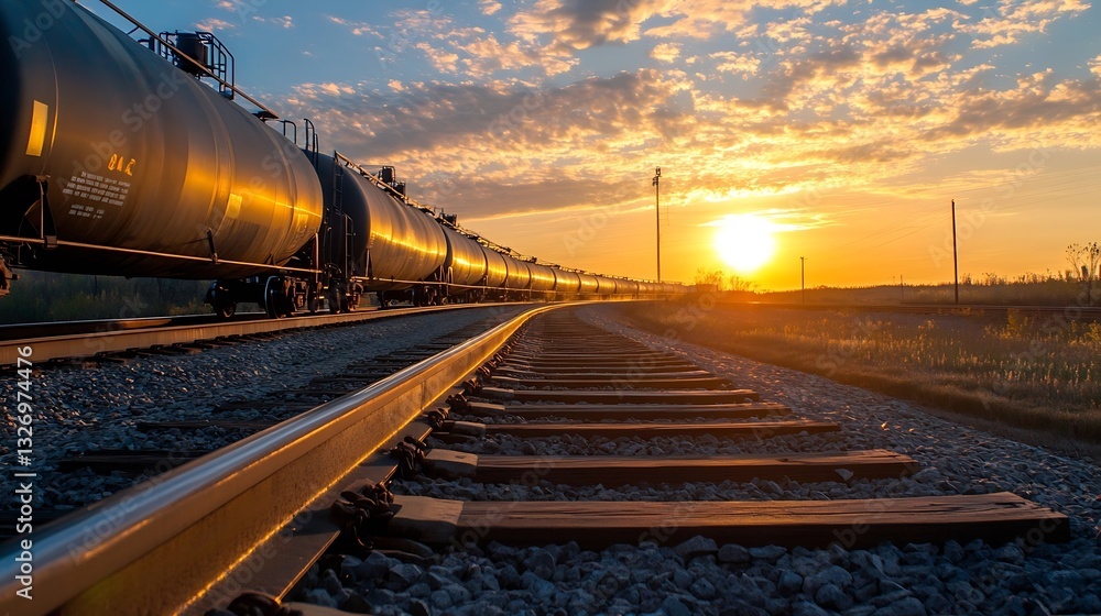 Poster Sunset Overhead An Abandoned Railway With Oil Tankers and Empty Tracks Creating a Perfect Golden Hour Scene : Generative AI