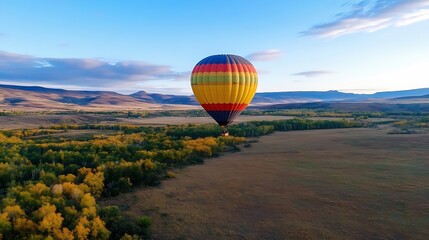 Fototapeta premium Colorful hot air balloon flying over lush green fields and hills during a beautiful sunrise : Generative AI