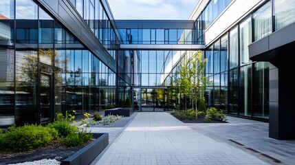 Modern architecture featuring glass buildings and green spaces in a contemporary urban setting : Generative AI
