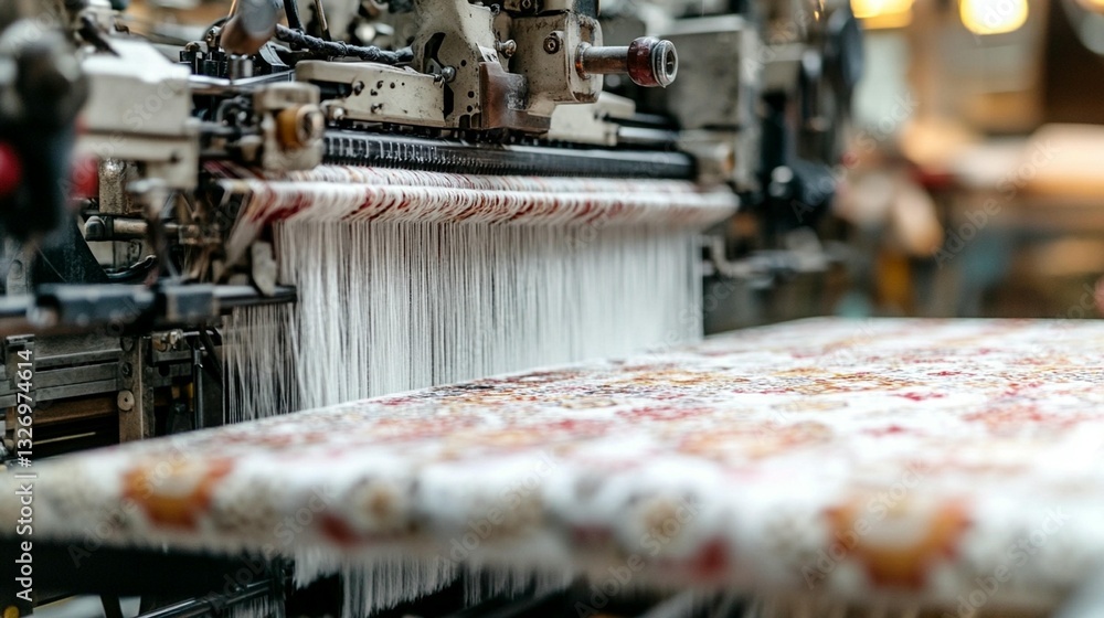 Aufkleber close-up of a carpet weaving machine in action, showing intricate details of the process and the par