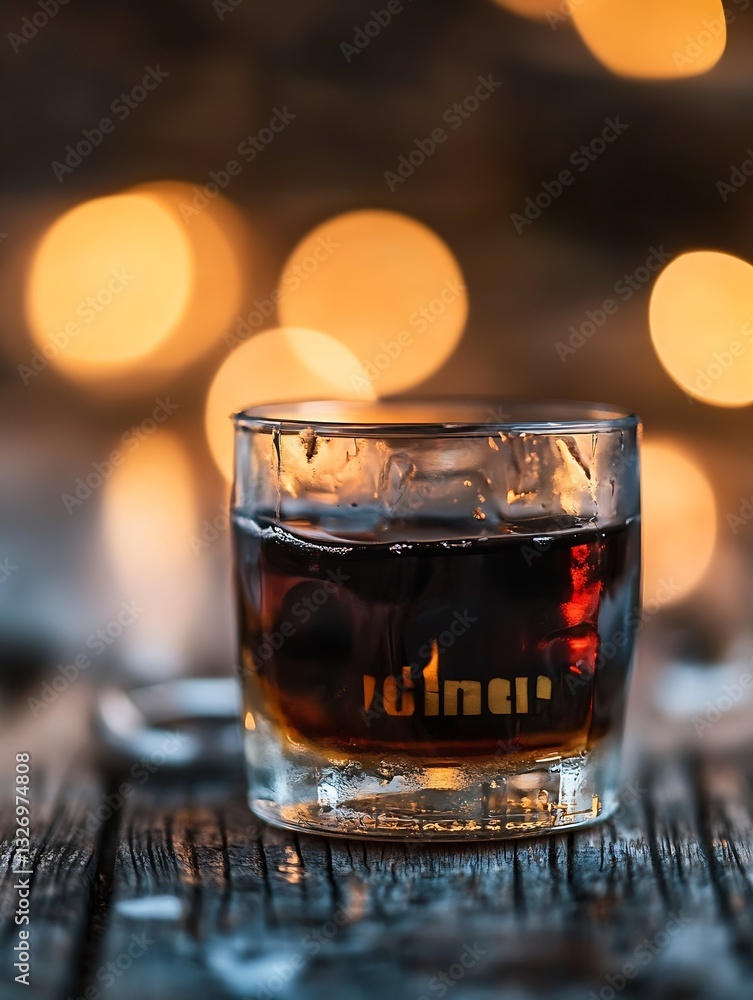 Poster rich amber whiskey in a crystal glass highlighting a cozy ambiance with blurred light bokeh backgrou