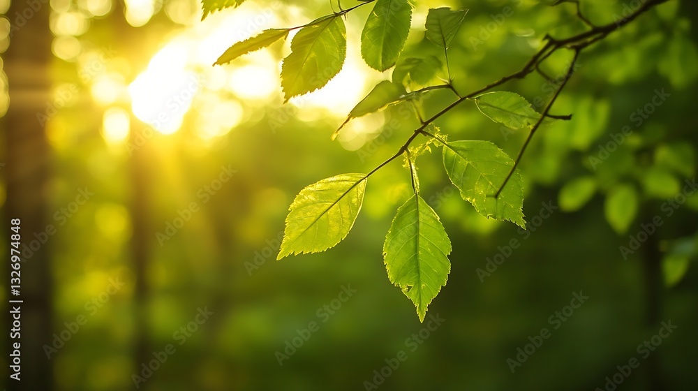 Poster closeup of fresh leaves illuminated by warm sunlight creating a serene and peaceful atmosphere : gen