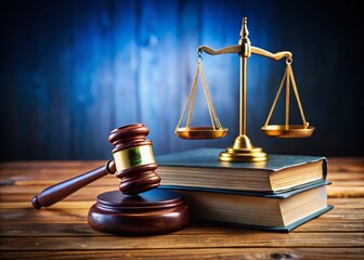 Golden Scales Justice Gavel Wooden Table Law Legal Theme Panoramic Stock Photo