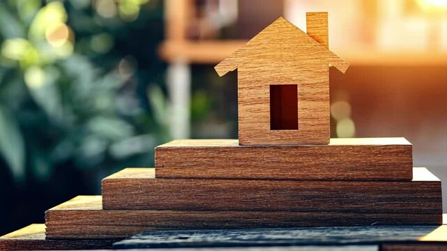 Wooden House Model on Stacked Blocks Symbol of Home, Stability, and Comfort in Natural Design and Architecture with Warm Tones and Inviting Atmosphere