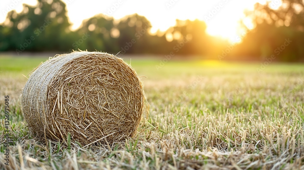 Poster golden hour glowing hay bale on lush green grass field with sunlight streaming through trees : gener