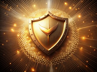Fototapeta premium Golden Shield Checkmark: Drone Shot, Elegant Security Symbol, Dark Shimmering Background, Trust, Protection