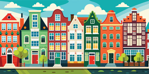 Amsterdam set. European city. Hand drawn vector illustration. Cartoon outline houses facades