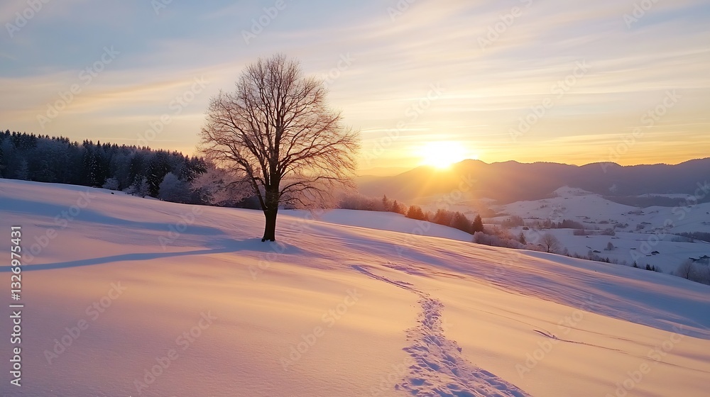 Aufkleber isolated tree on a snowy hillside with soft sunlight during sunset creating a magical winter landsca
