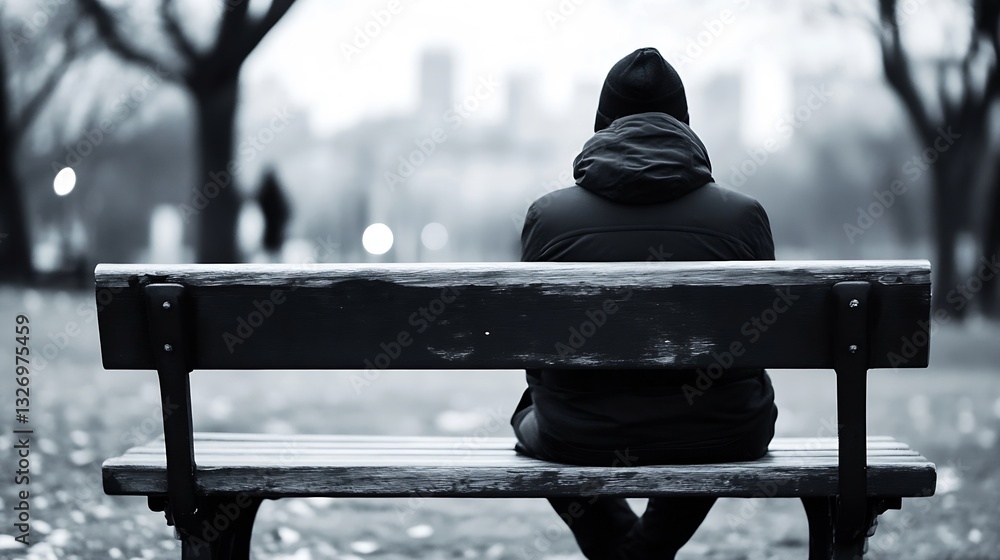 Aufkleber a solitary figure sitting on a park bench in black and white surrounded by a tranquil environment : 