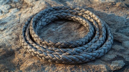 Obraz premium Close-up of a coiled, braided, gray rope on a rough stone surface.