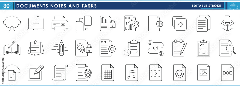 Poster a set of line icons related to document, notes and tasks. document, files, notes, handwritten, setup