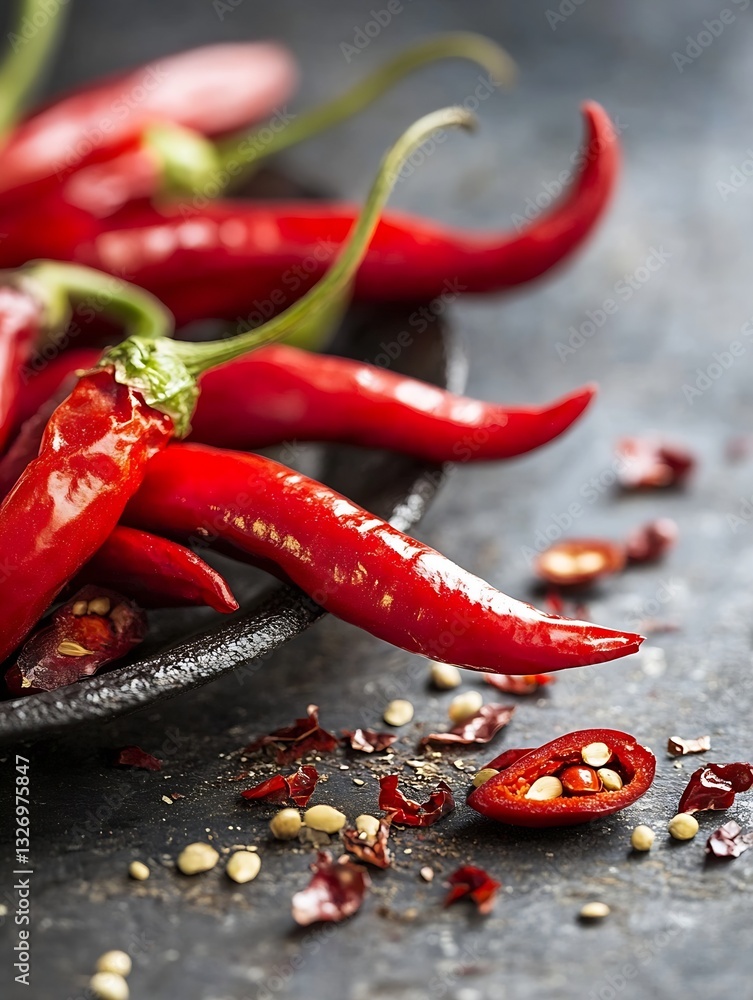 Poster freshly harvested vibrant red chili peppers arranged on a rustic plate with spices for culinary use 