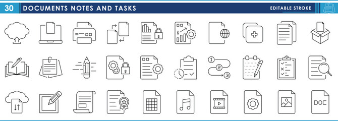 A set of line icons related to Document, notes and tasks. Document, files, notes, handwritten, setup, private, paper, print, and so on. Vector editable stroke.