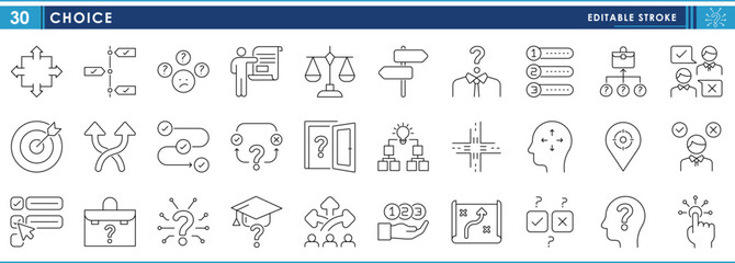 A set of line icons related to Choice. Choose, options, career, question, map, roads, click, puzzle, and so on. Vector editable stroke.
