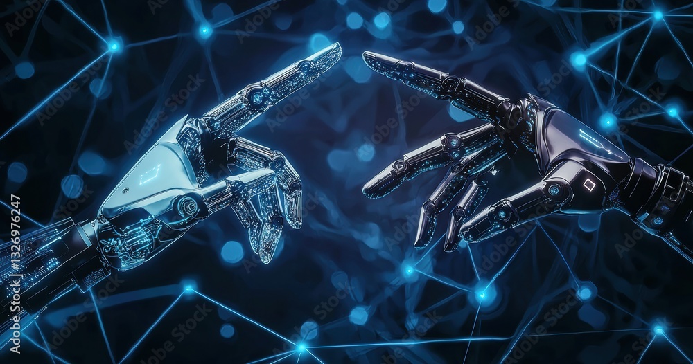 Poster two robot hands reaching out, pointing towards each other on blue background