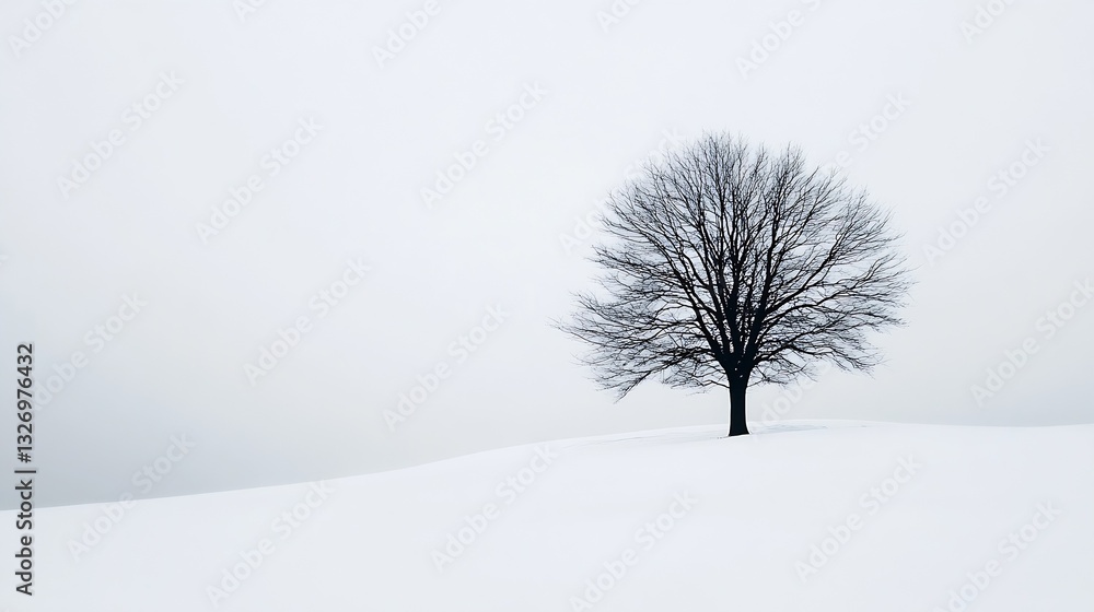 Poster Lonely winter tree depicted against a pale snowy background creating a serene atmosphere : Generative AI