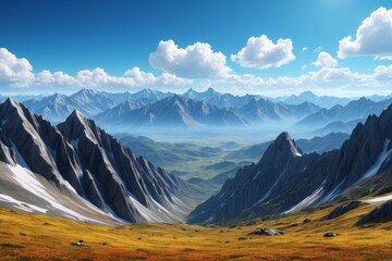 mountains with a valley in the foreground and a blue sky in the background