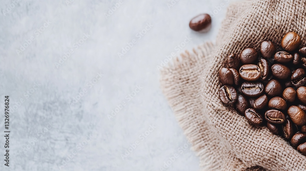 Poster close up view of roasted coffee beans in a burlap sack showcasing rich textures and earthy tones : g