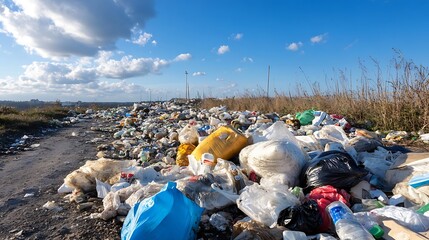 Large Pile of Garbage on an Open Field with Scenic Blue Sky and Clouds : Generative AI