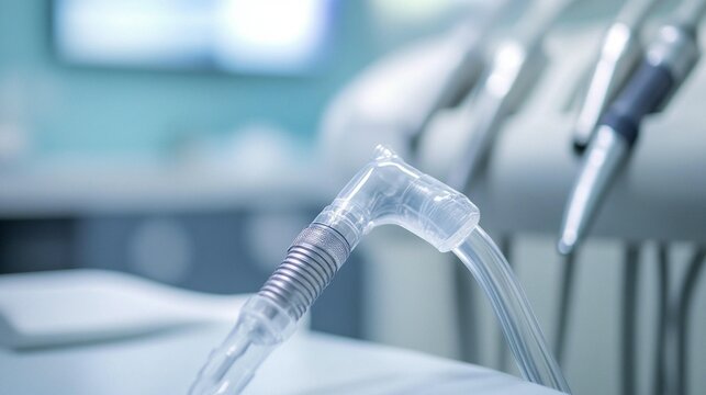Close-up of a dental suction tube in a modern dentist's office.