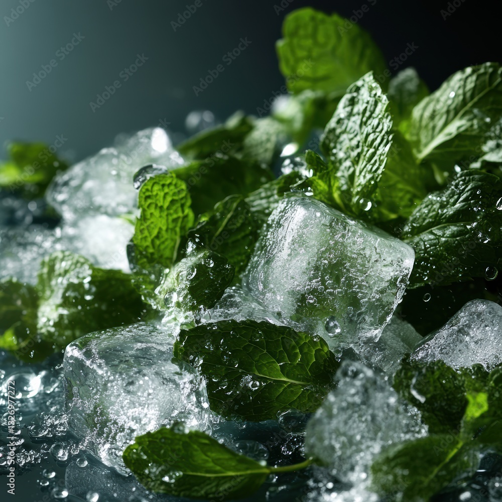 Aufkleber fresh mint leaves resting on crushed ice create a refreshing oasis of coolness for a delightful summ