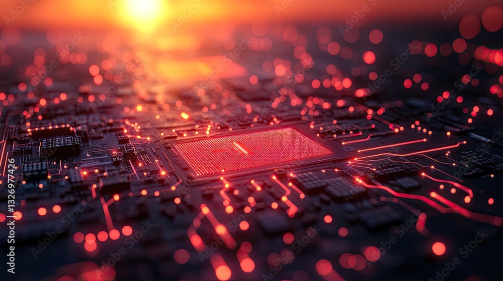 Poster red cpu sunset glow circuit board tech
