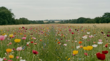 Vast field of colorful flowers blooming under a clear blue sky creating a picturesque scene