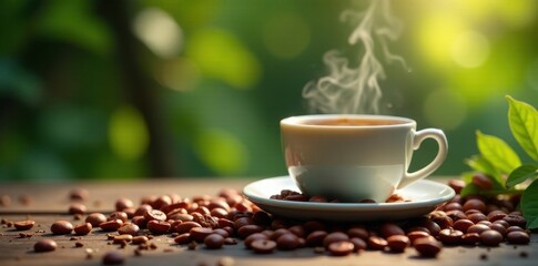 Fototapeta premium Steaming coffee, scattered beans, vibrant foliage, mug, coffee shop, texture