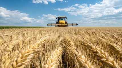 Obraz premium Modern agricultural machinery harvesting golden wheat under a blue sky with fluffy clouds : Generative AI