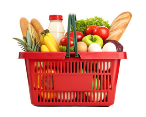 Full red shopping basket with fresh groceries.