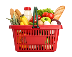 Full red shopping basket with fresh groceries.