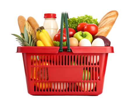 Full red shopping basket with fresh groceries. - Powered by Adobe